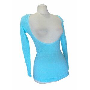 Spiritual Gangster Deep V Neck Crinkle Texture Long Sleeve Yoga Top Blue Sz Medi